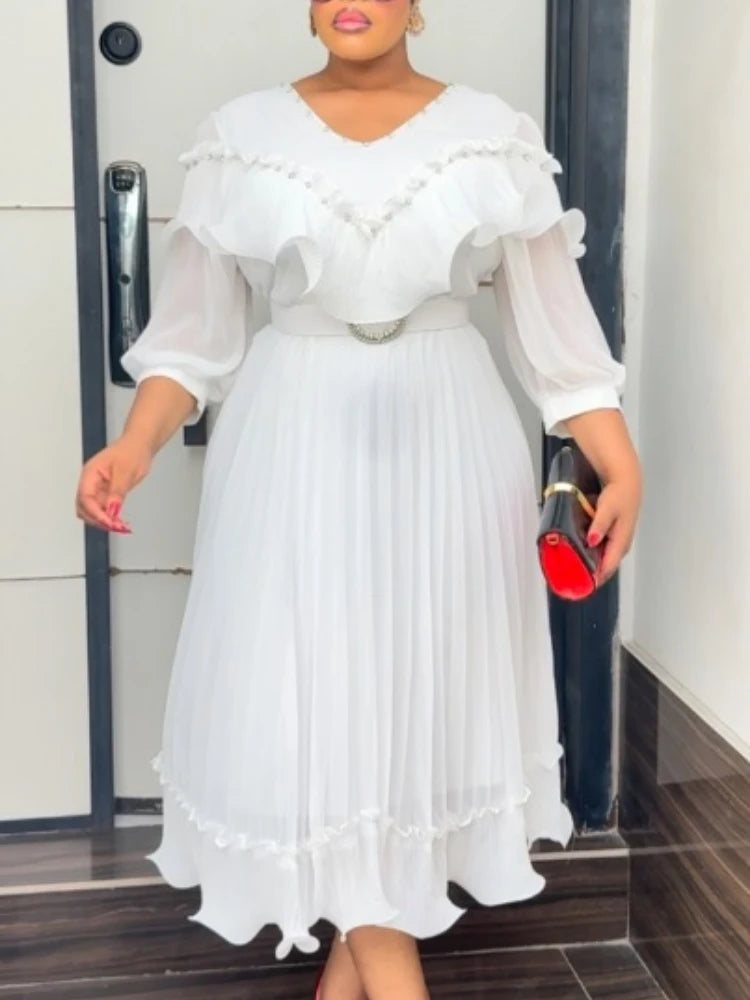 Women A Line Pleated Chiffon Dress V Neck Puff Sleeves Beading Ruffles Waist Belt Fashion African Female Evening Party Gown