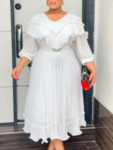 Women A Line Pleated Chiffon Dress V Neck Puff Sleeves Beading Ruffles Waist Belt Fashion African Female Evening Party Gown