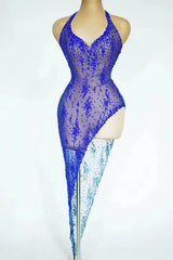 Personality Celebrity Evening Show Wear Party Gowns Sparkly Diamonds See Through Mesh Stretch Asymmetrical Dress