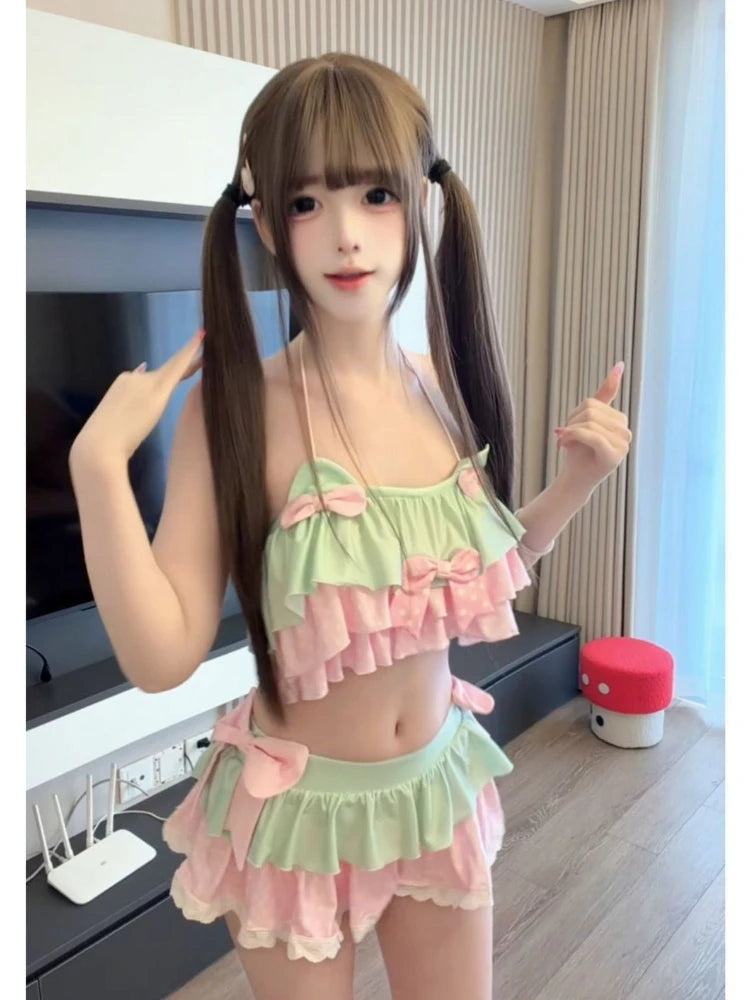 New Coquette Sweet Kawaii Lolita 2 Piece Swim Set Women Slim Fit Bow Ruffle Polka Dot Lace Trim Strap Cute Beach Vacation Outfit