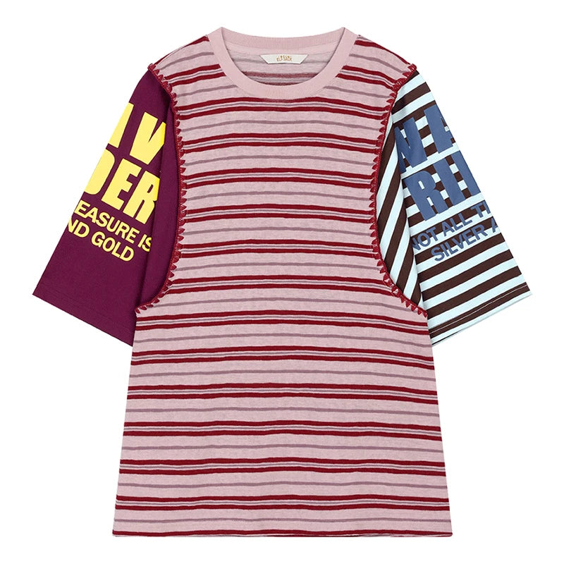 ELFSACK Striped Asymmetric Color-Block T-Shirt, Letter Print Ruffled Knit Tee, Casual Loose Top for Women