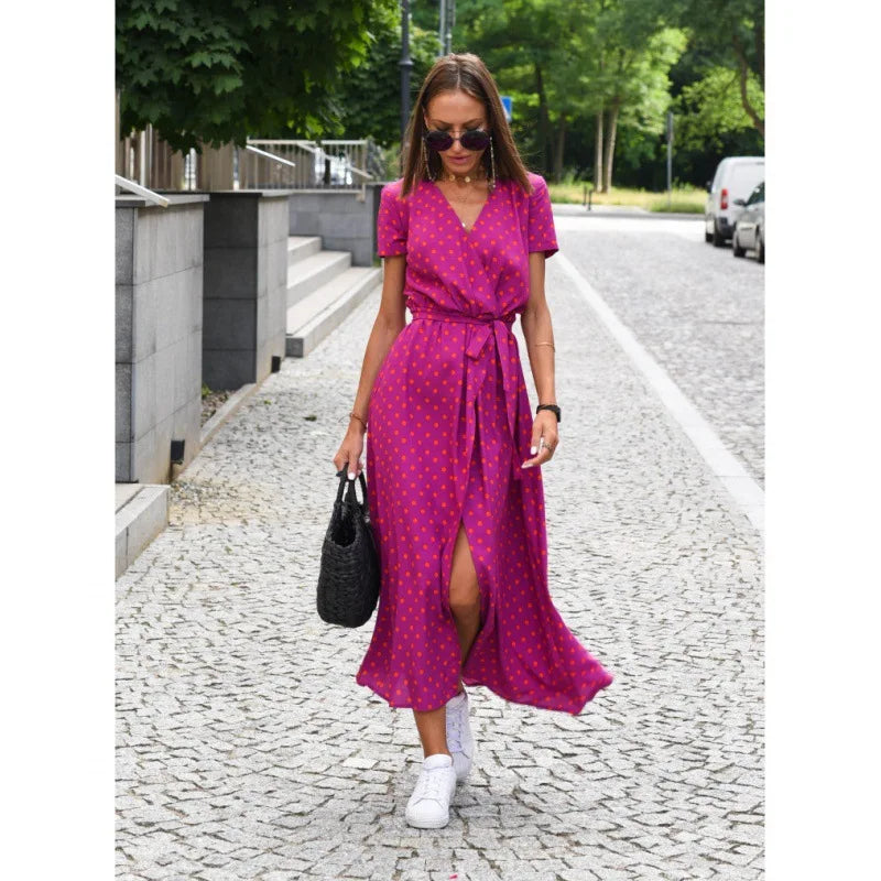 Printed Dress 2025 Summer V-neck Split Fork Medium and Long Group European and American Cross-border Women's Clothing