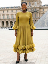 LANMREM Niche Women's Pleated Dress Fashion Solid Color Elegant Round Embellishments Patchwork Design Famale Clothing 2DB8043