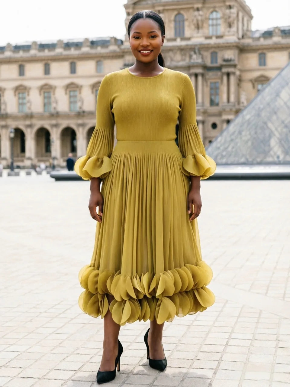 LANMREM Niche Women's Pleated Dress Fashion Solid Color Elegant Round Embellishments Patchwork Design Famale Clothing 2DB8043