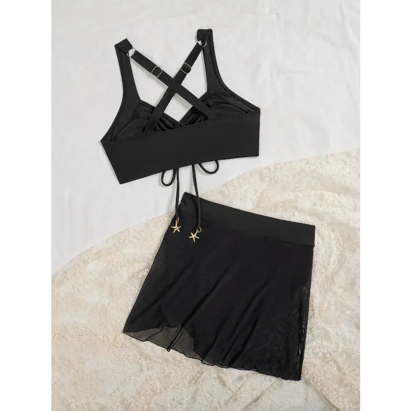 Vintage Black Two Piece Bathing Suit Women Pleate Drawstring Push Up High Waist Skirt Swimwear Beach Womens Bikini Set Swimsuit