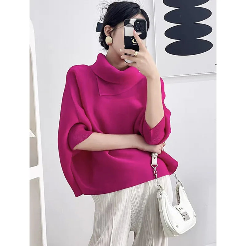 Miyake Pleated Scarf Collar Top 2026 New Simple Casual Batwing Sleeve Top T-Shirt Women's Plus Size Stretch Fashion Clothing