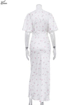 Oymimi Casual White Print Dresses For Woman Fashion V-Neck Batwing Sleeve Dresses Elegant Straight Floor-Length Dress Streetwear