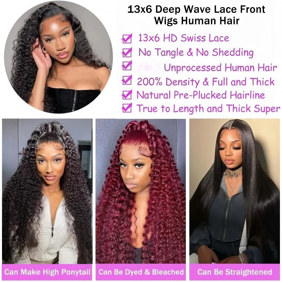 40 Inch Curly Lace Front Wig Water Wave 13X6 Hd Lace Frontal Wig Deep Wave Human Hair Wig 250 Density Preplucked Brazilian Hair