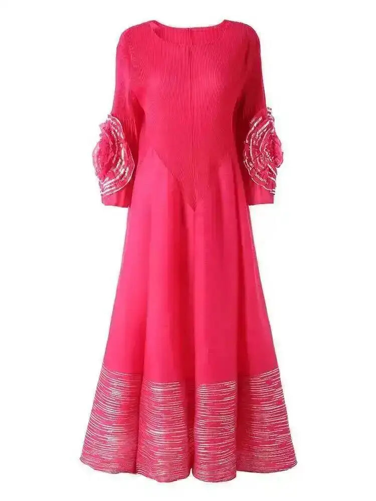 LANMREM Women's High-end Fashion Dress With Flower Ruffles Sleeves Round Neck Loose Big Size Long Dresses 2025 New 2DB1142