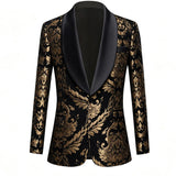 Men Black Gold Floral Jacquard Blazer Black Satin Shawl Lapel Slim Fit Jacket Wedding Groom Tuxedo For Party Prom