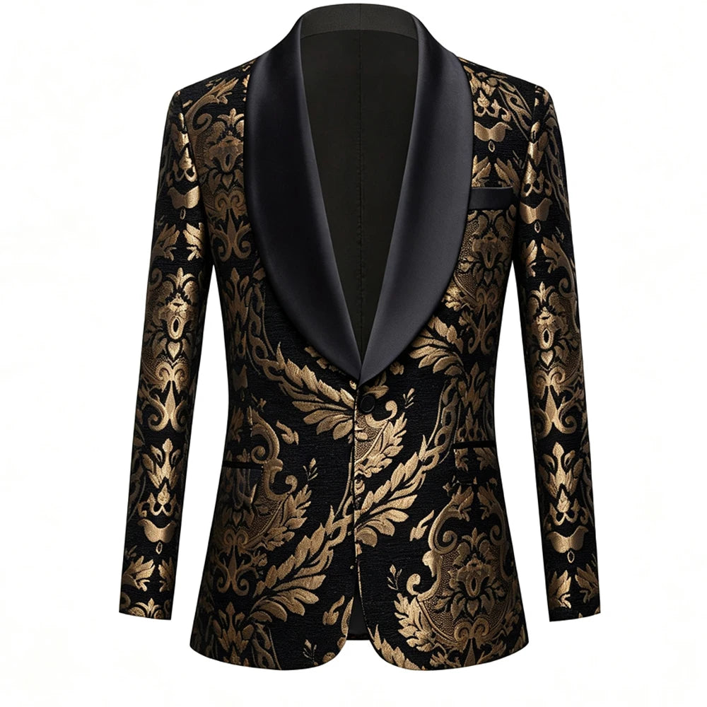 Men Black Gold Floral Jacquard Blazer Black Satin Shawl Lapel Slim Fit Jacket Wedding Groom Tuxedo For Party Prom