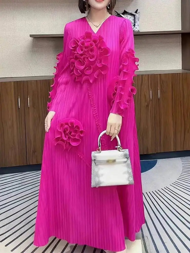 LANMREM Ruffled Edge Pleated Dress For Women Long Sleeves Embroidered Pullover Elegant Dresses Female Trendy Clothing 2DM1091