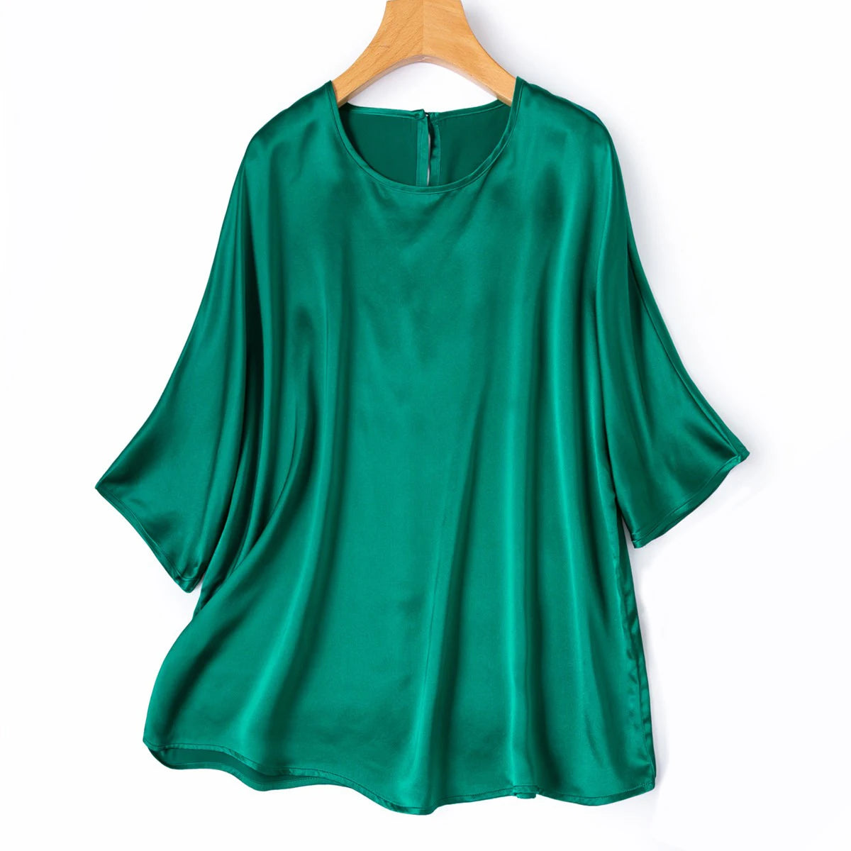 21MM 100% Natural Mulberry Silk Plain Satin Skin Friendly Round Neck Batwing Mid Sleeve Loose Simple Women's Casual T-shirt