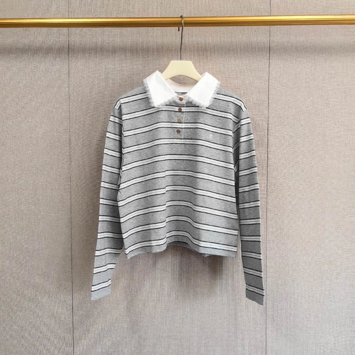 Early Autumn Lace and Polo Striped Embroidered Short Sleeved Casual College Style Top