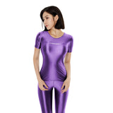 AMORESY Women Shiny Glossy Silky Short Sleeve Tights Tops Oil Round Neck Pullover Sports Running Stretch Fitness T-shirt Outdoor