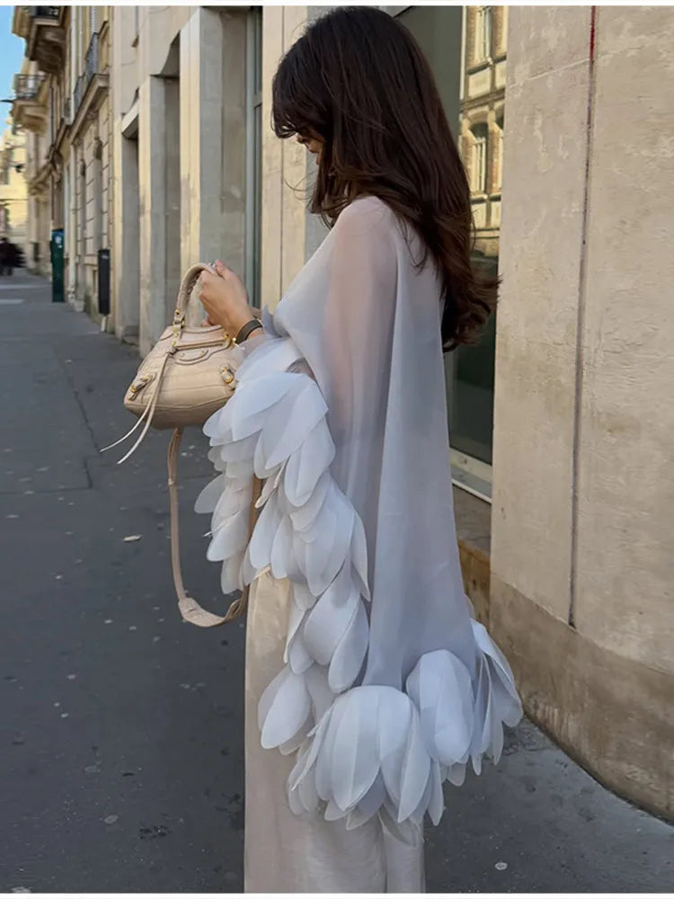French Romantic Sheer Blouse Floral Petal Trim Loose Women Tops Designers Vintage Female Stylish Elegant Casual Chic Outfits
