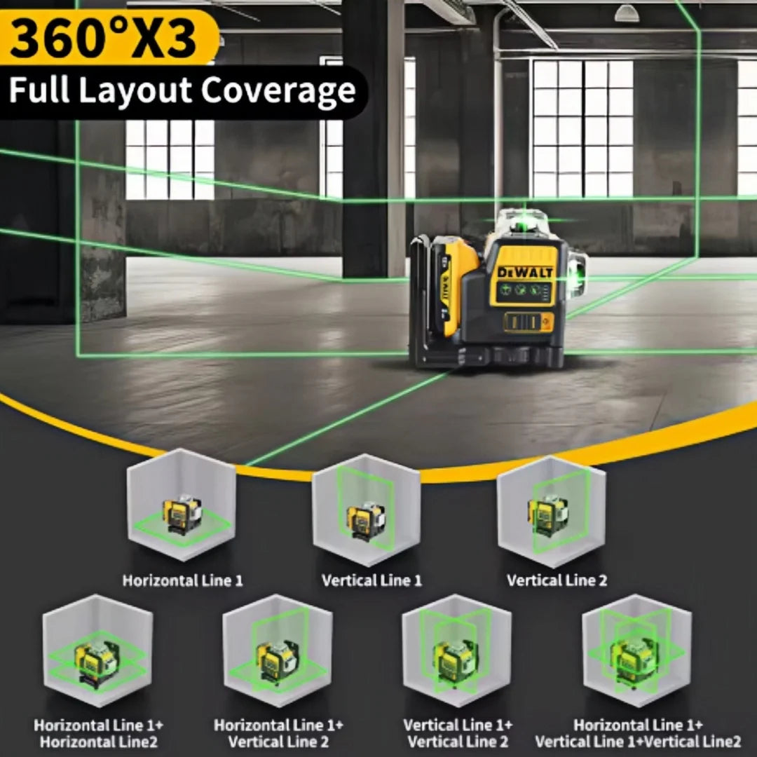 DEWALT DW089LG Laser Level 12-Line 3-Sides 360-Degree Vertical Horizontal Line Laser Tool Battery-Powered 12V