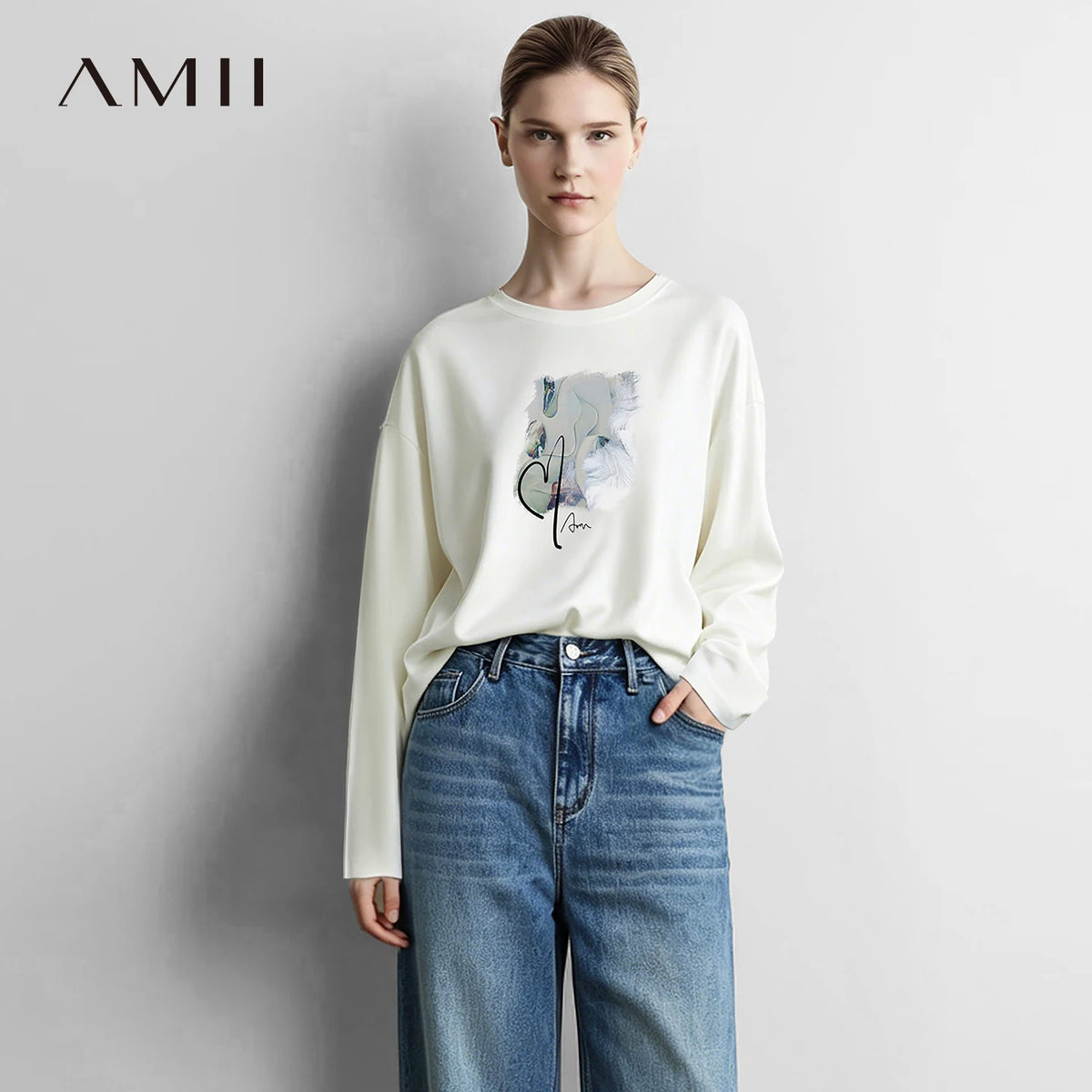 Amii Long Sleeve T Shirt 2026 New Arrival Autumn Soft Fabric Printed Embroidery Crew Neck Loose Fit Casual Women Top 12623029