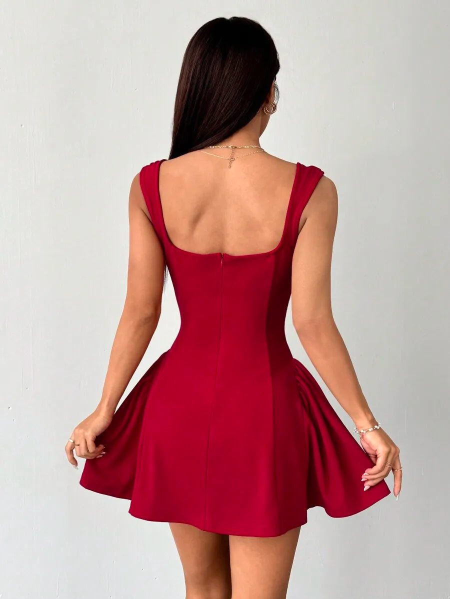 Women's Mini Dress with Flared Skirt Red Square Neck Stretchy Fit for Party or Festival