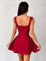 Women's Mini Dress with Flared Skirt Red Square Neck Stretchy Fit for Party or Festival