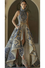 European Elegant Party Evening Formal Dress for Women's Low High Hem Pockets Floral Printed Wedding Guest Sleeveless Long Dress
