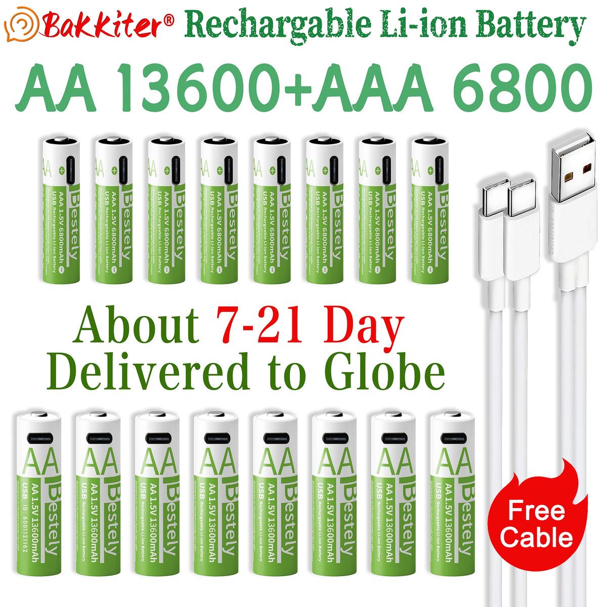 BaKKiter 1.5V AAA 6800mAh/ AA 13600mAh Rechargeable Lithium-ion Batteries Fast Charging Li-ion Battery 2000 Cycles /USB-C Cables