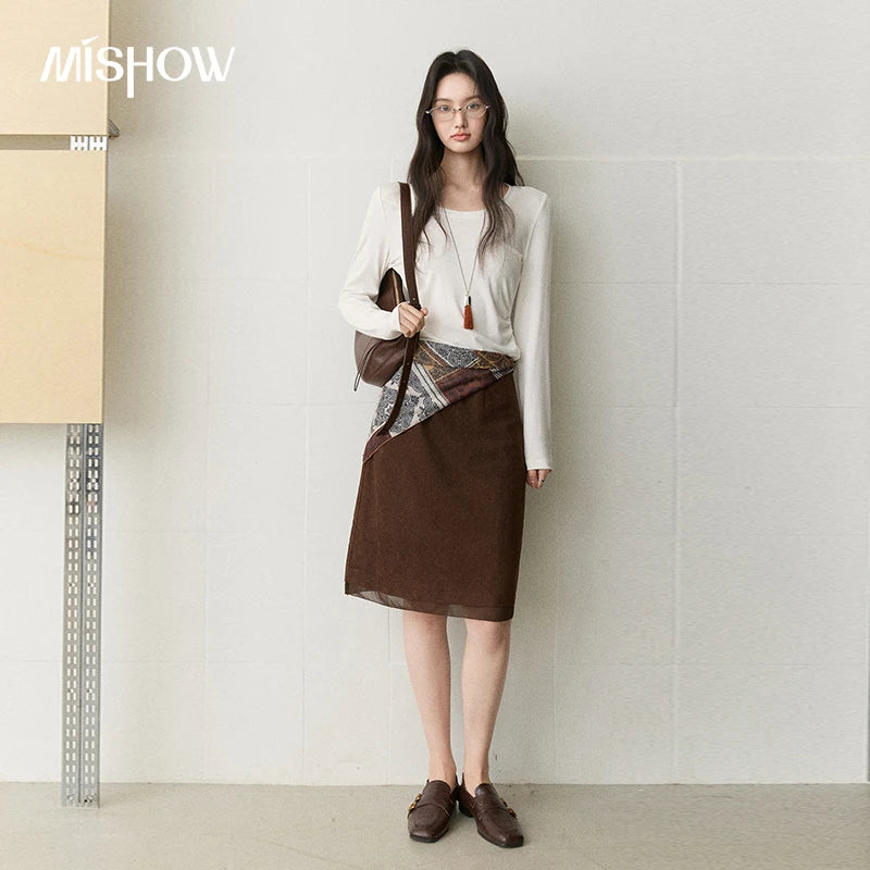 MISHOW Women's Solid Long‑Sleeve T‑Shirt 2026 Autumn U‑Neck Soft Knit Tees Waist‑Ruched Basic Versatile Casual Tops MXF41T3155