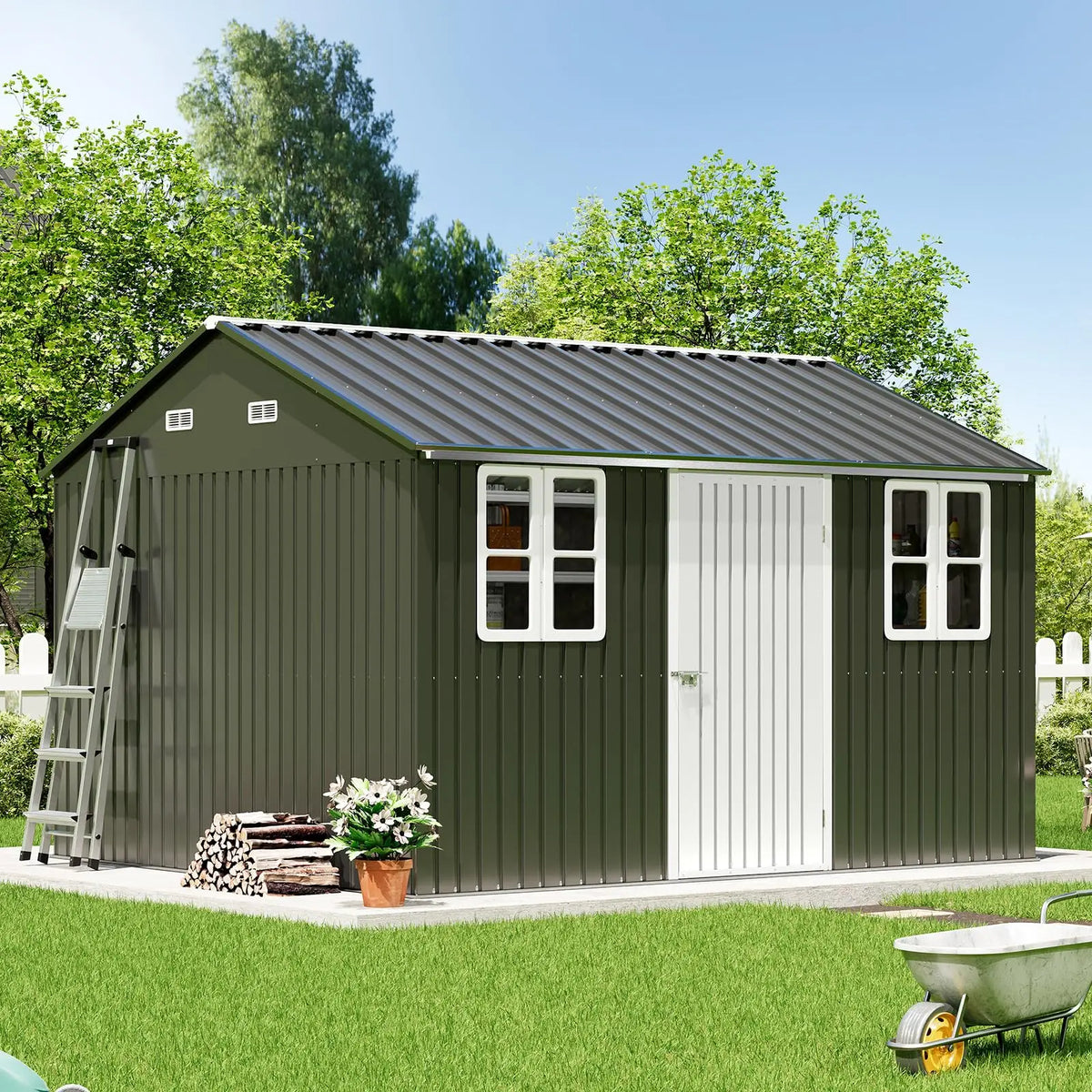 10 x 12FT Outdoor Storage Shed with a Lockable Hinged Door and 2 Windows, Patio, Dark Grey/White