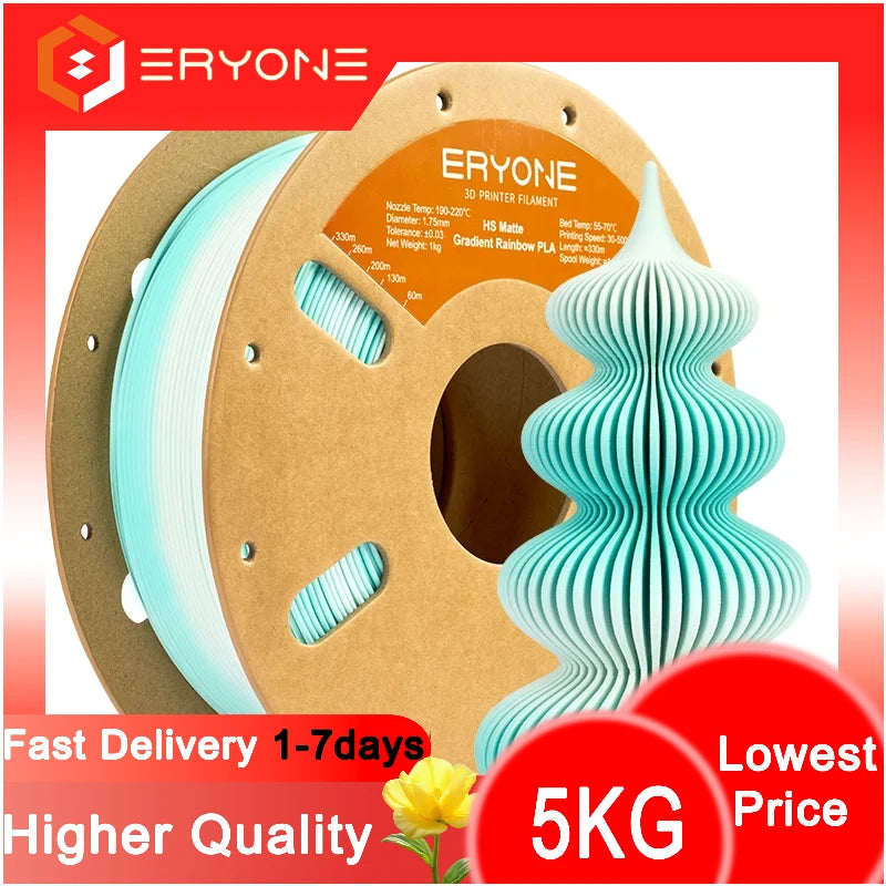 ERYONE 5KG Hyper Speed Matte Gradient Rainbow PLA Filament 1.75mm 3D Print,Max Print Speed:500mm/s,Multicolor,1KG/Spool