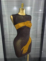 Khaki Black Women Sleeveless Sexy O-Neck Mesh See Through Bodycon Mini Dress Shining Rhinestones Celebrate Nightclub Party Wear