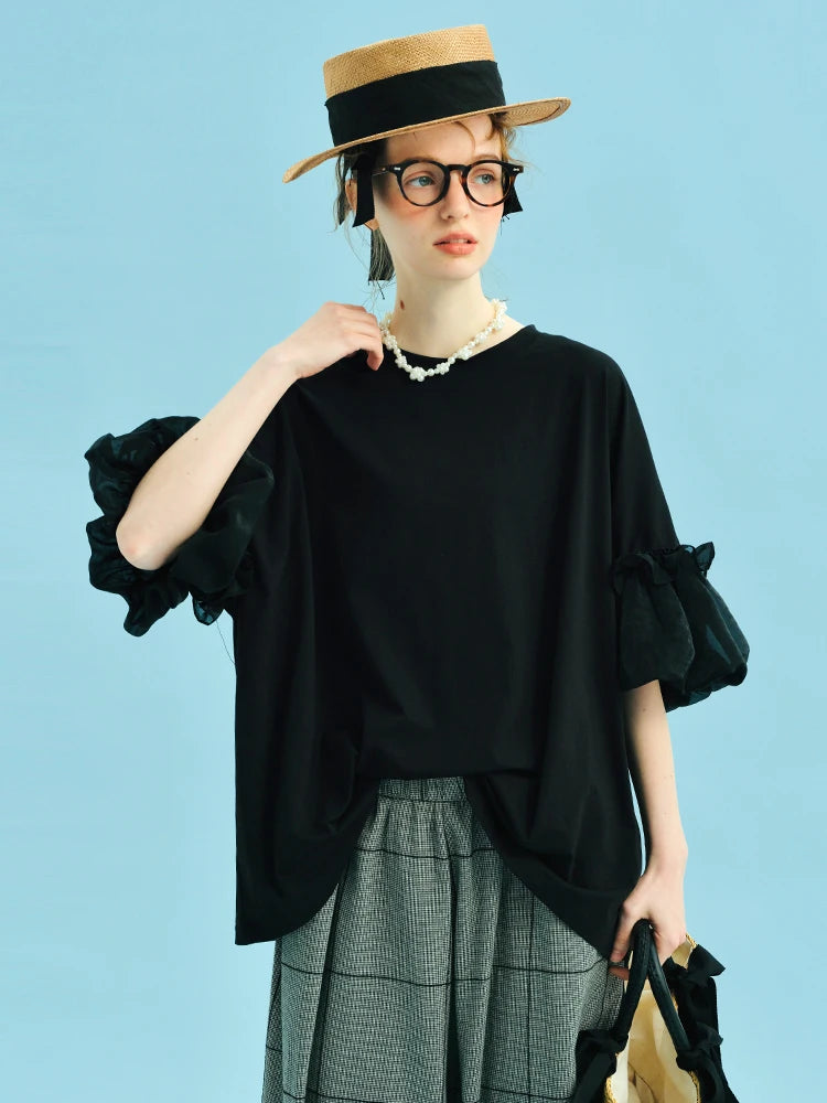 2026 imakokoni summer pure cotton casual loose fitting yarn design lantern sleeve top 255029+255030