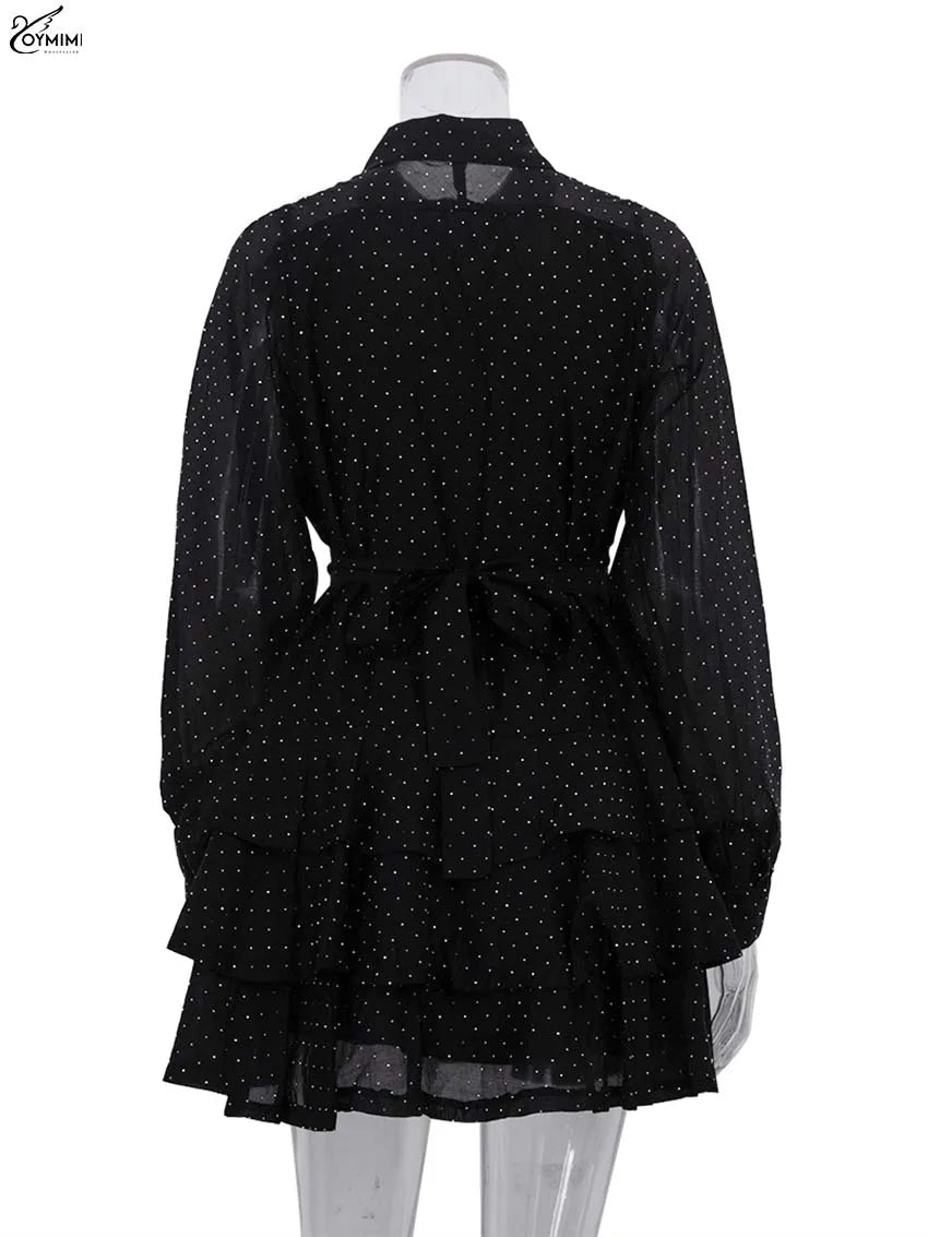 Oymimi Fashion Black Rhinestone Women's Dress Casual Lapel Long Sleeve Button Dresses Elegant New Lace-Up Pleated Mini Dresses