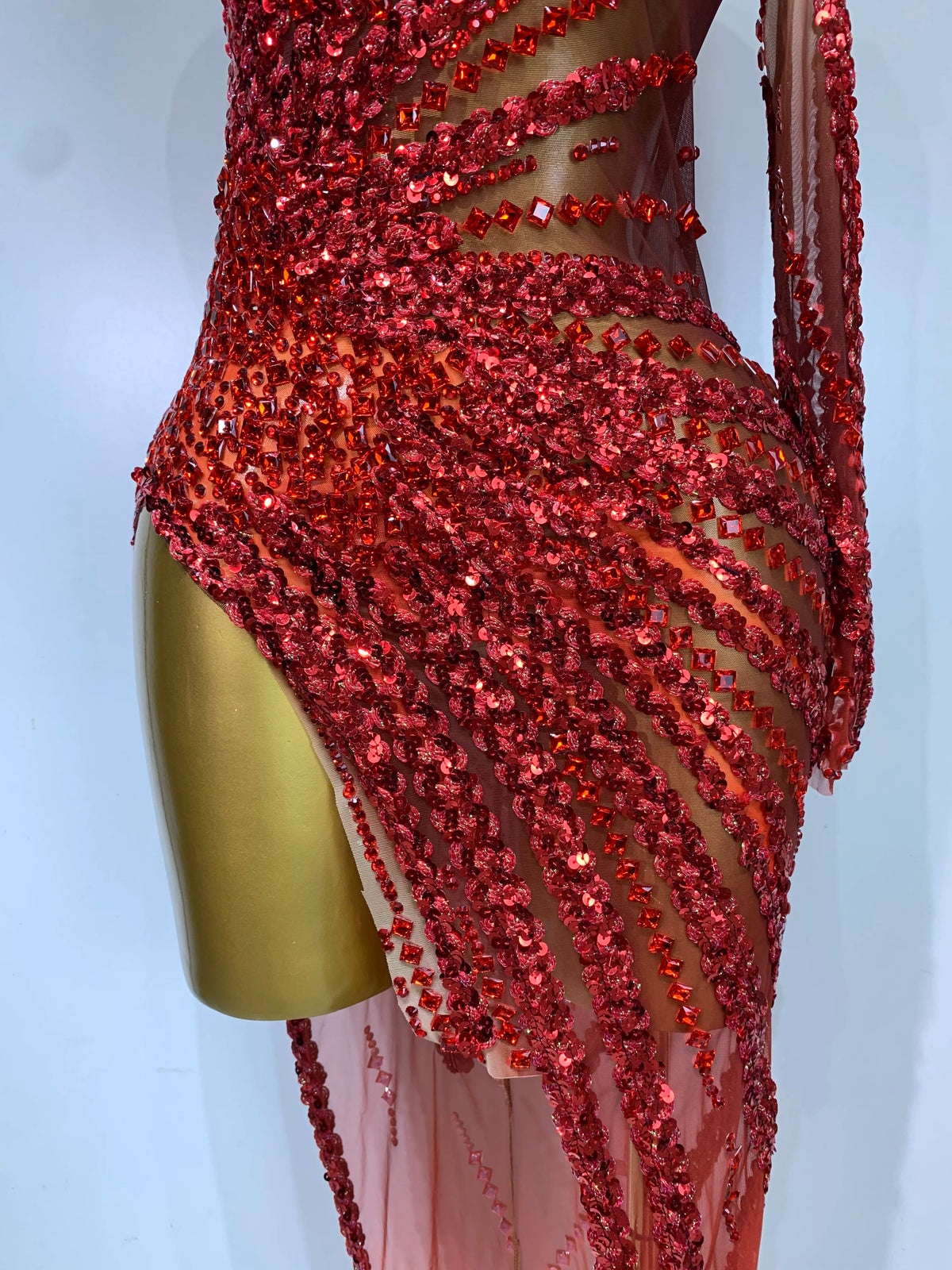 Sexy Red Mesh See Through Diamonds Sequins Dress Luxury Birthday Evening Party Costume Bar Nightclub Stage Performance Outfit