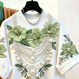 Fashion Bead Flower Embroidery Loose Short Sleeved T-shirt 2026 Summer New Lazy Style Casual Top Men's and Women's Clothing