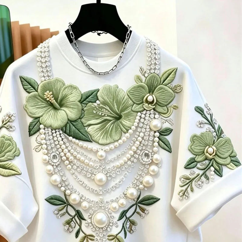 Fashion Bead Flower Embroidery Loose Short Sleeved T-shirt 2026 Summer New Lazy Style Casual Top Men's and Women's Clothing