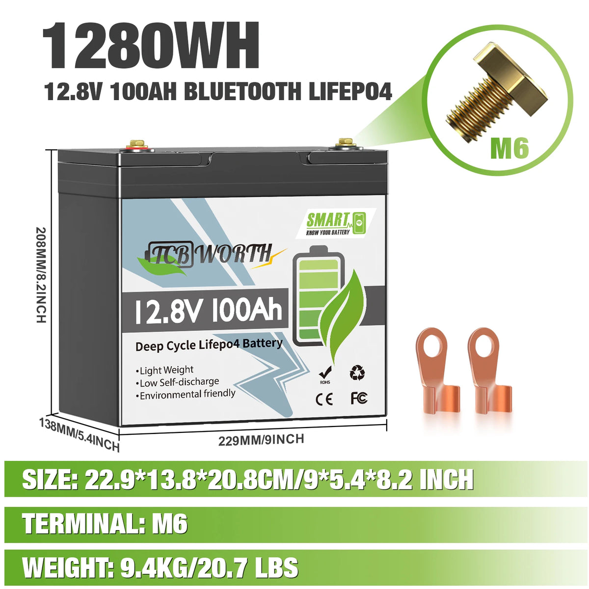 TCBWORTH 12V 100Ah LiFePO4 Lithium Battery with 100A BMS,Low-Temp Protection,7000+ Cycles for Trolling Motors,RV,Solar System