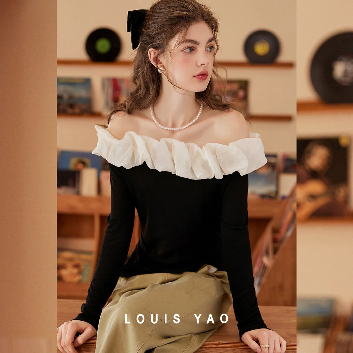 LOUIS YAO Slim Women's T-shirt 2025 Spring/Autumn Romantic French Elegance Color Contrasting Flower Bud Edge One Shoulder Tees
