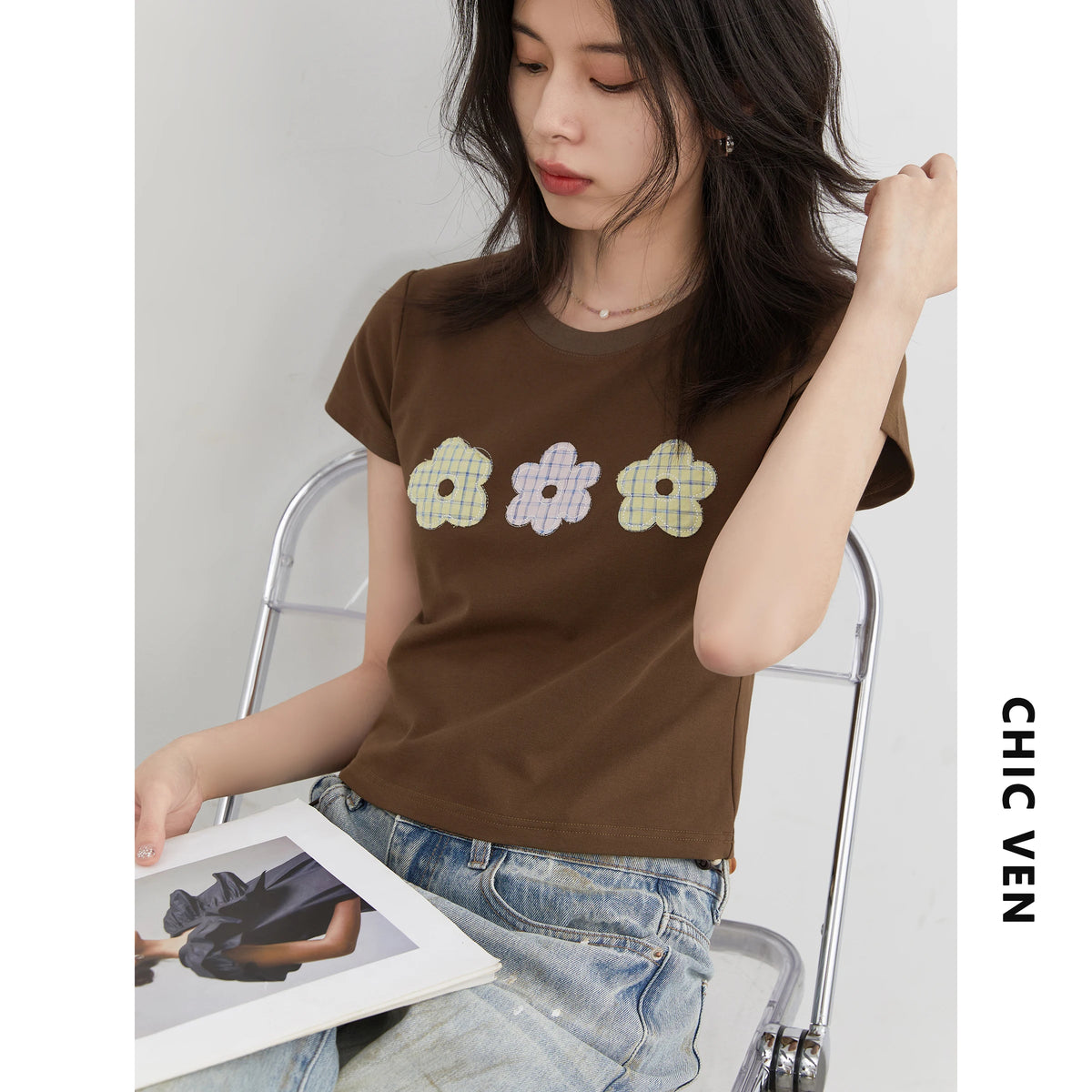 CHIC VEN Fashion Women T-Shirts Slim New Round Neck Short Sleeved Female Tees Short Top Summer 2025