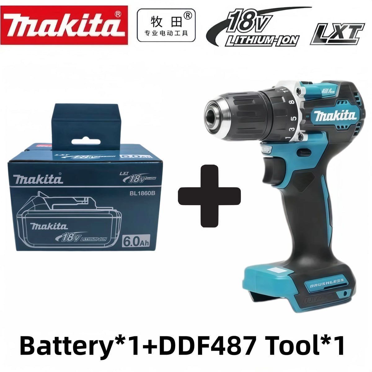 Original Makita 18V DDF487 Brushless Cordless Drill, Electric Screwdriver With 6.0Ah Battery Various Complete Packages