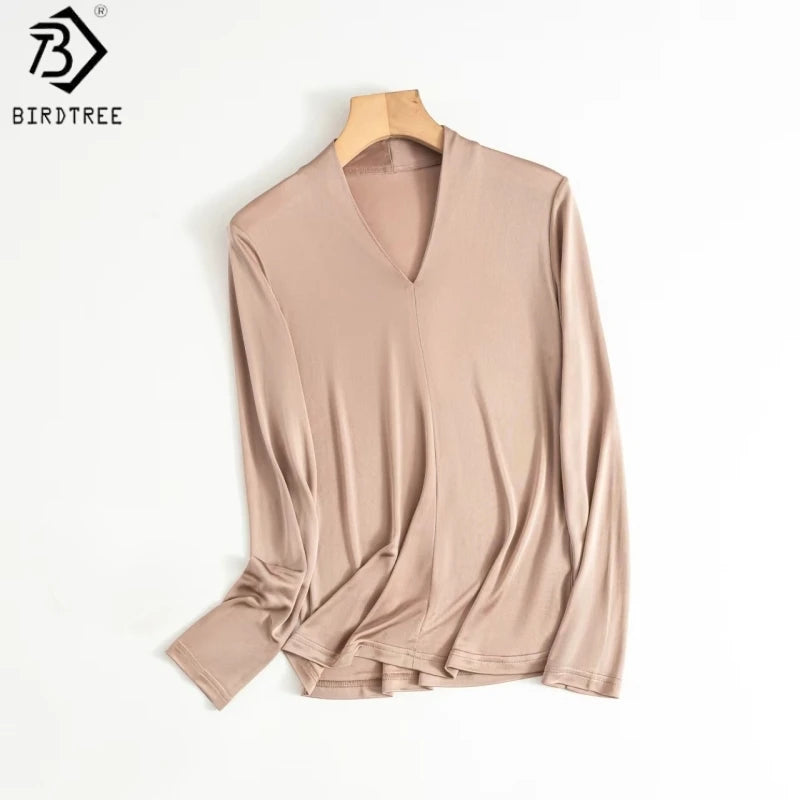 Birdtree, 20% Real Silk Solid Undershirt, Women Full Sleeve V-neck Basics Tops, Commuting Style, 2026 Autumn New Shirt T67418JF