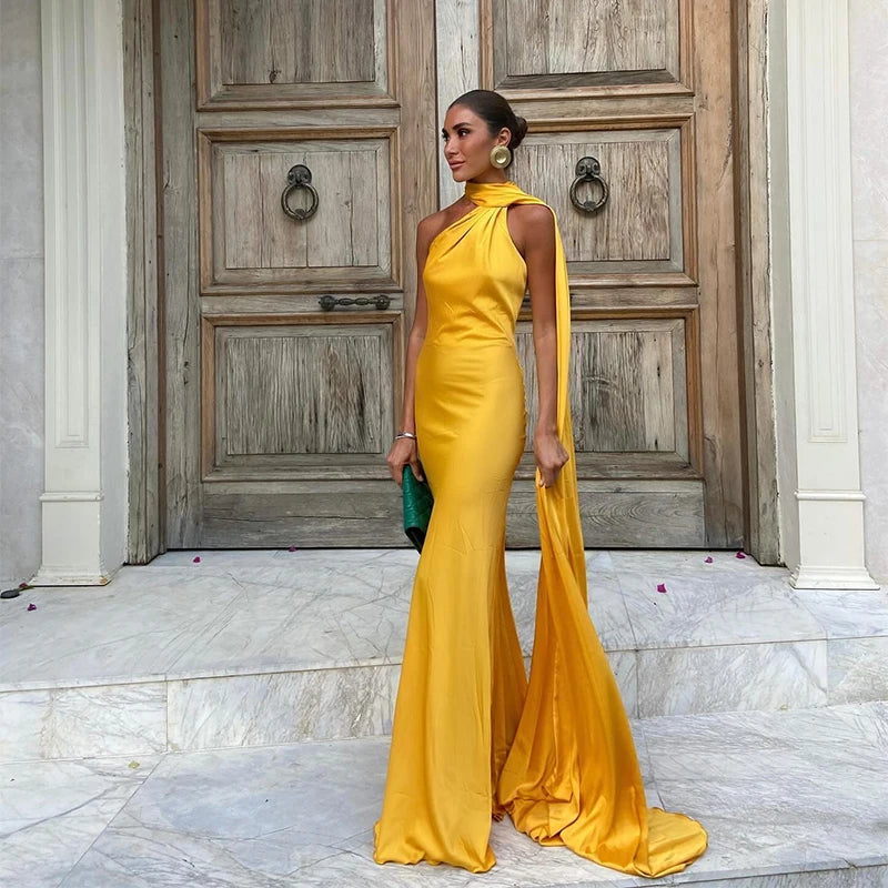 Sexy Satin Ribbon Party Dress Women Elegant Halter Backless Off Shoulder Sleeveless Female Dresses 2026 Summer Solid Robe Gown