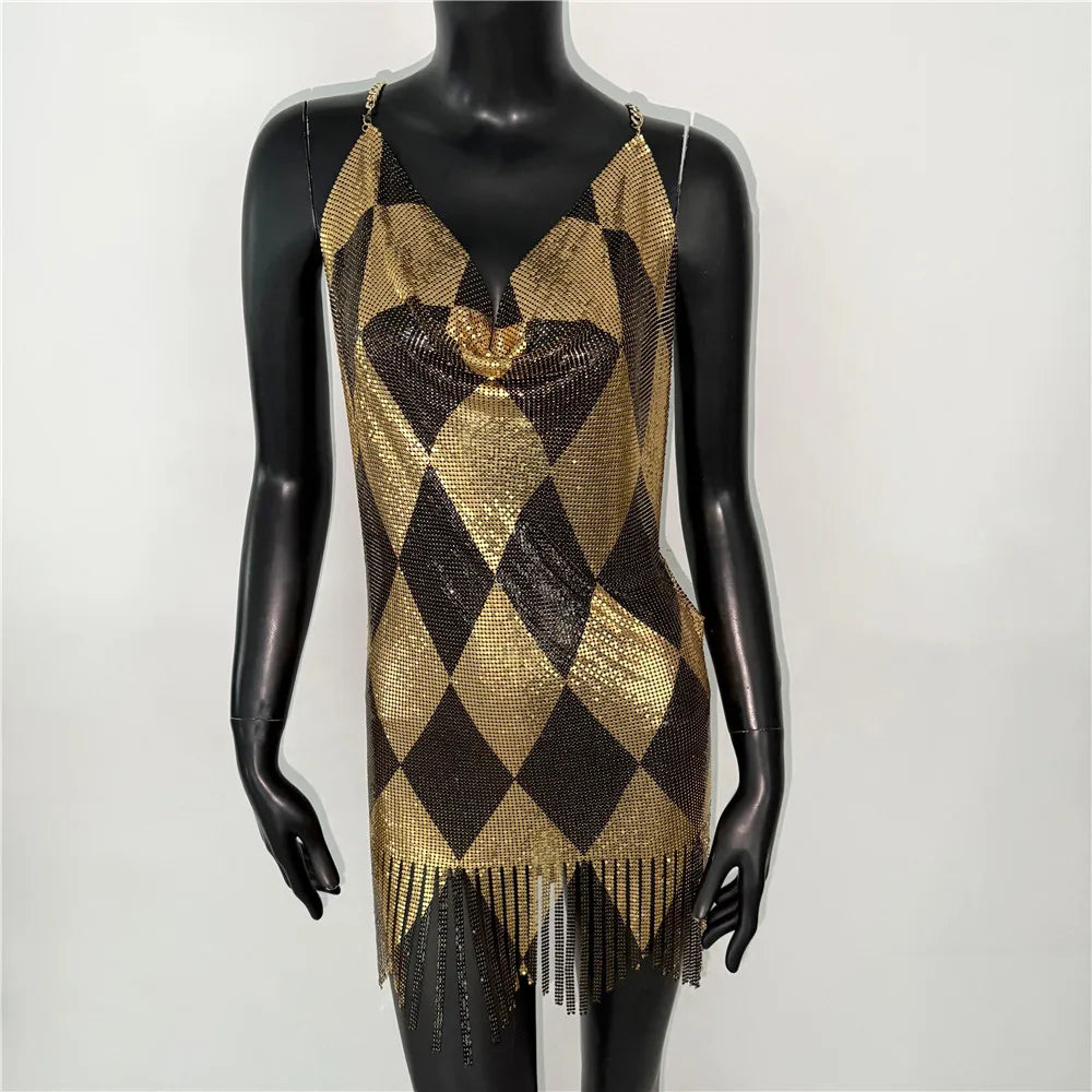 Halloween Women Metal Sequins Dress Sexy Backless Tassel V Neck Sleeveless Mini Dress Rave Festival Party Evening Dresses