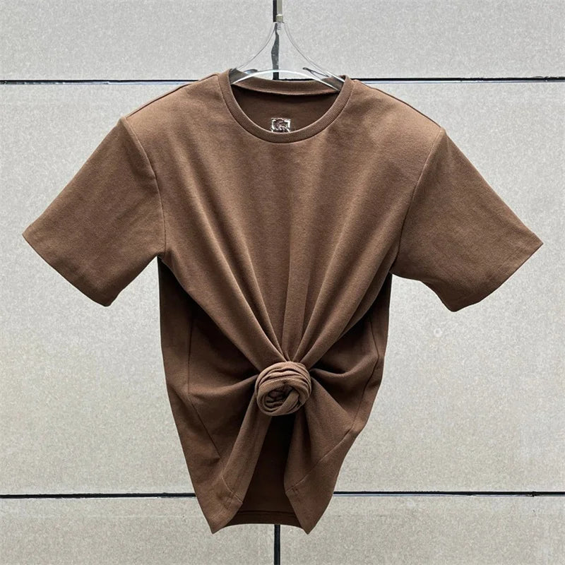 Women's t-shirt 2025 summer New elastic knitted short sleeved top 3D flower decorated round neck pullover pure cotton crop top
