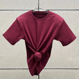 Women's t-shirt 2025 summer New elastic knitted short sleeved top 3D flower decorated round neck pullover pure cotton crop top