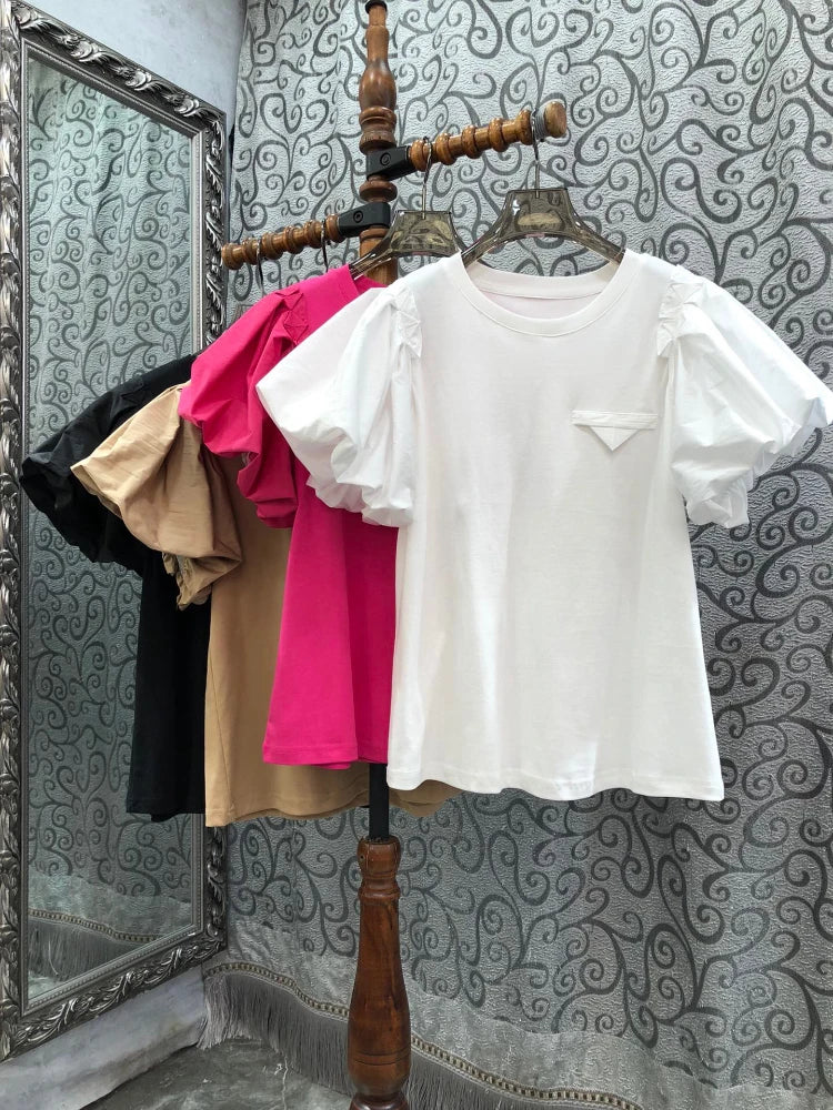 Vintage Simple Tshirts for Women Summer T-shirts Puff Sleeve O-neck Tees All Match Tops Fashion Sweet White Tees 2026 Ropa Mujer