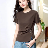 Grey pure cotton short sleeved T-shirt women's summer new high-end fashion plus size waist cinched hem slit pleated casual top