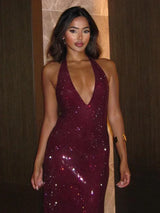 VC Stylish Halter Open-Back V-Neck Sequins Dress for Fashion Events Party Evening Gown