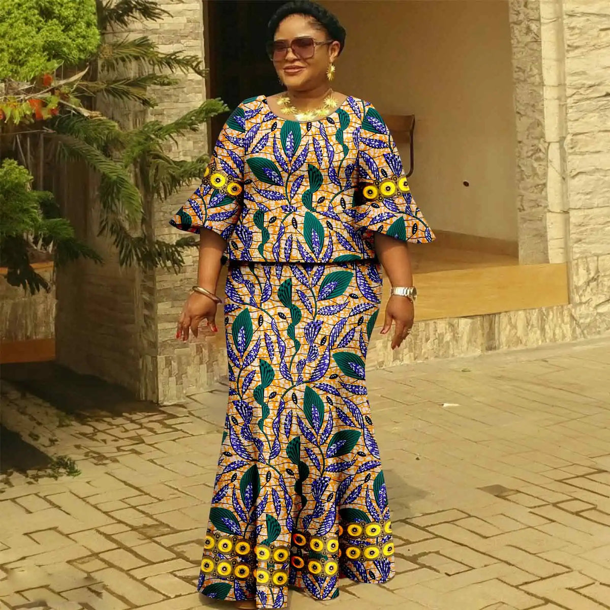 Afripride African Dresses for Woman Customized Loose Gold Ankara Printed Two Piece Flared Sleeve Fishtail Hem Dress 2425046