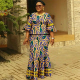 Afripride African Dresses for Woman Customized Loose Gold Ankara Printed Two Piece Flared Sleeve Fishtail Hem Dress 2425046