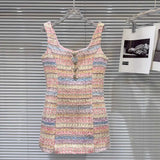 DEAT Fashion Diamond Flower Buckle Woven Tweed Dresses For Women Elegant Contrast Color Sleeveless Dress Female 11A04140